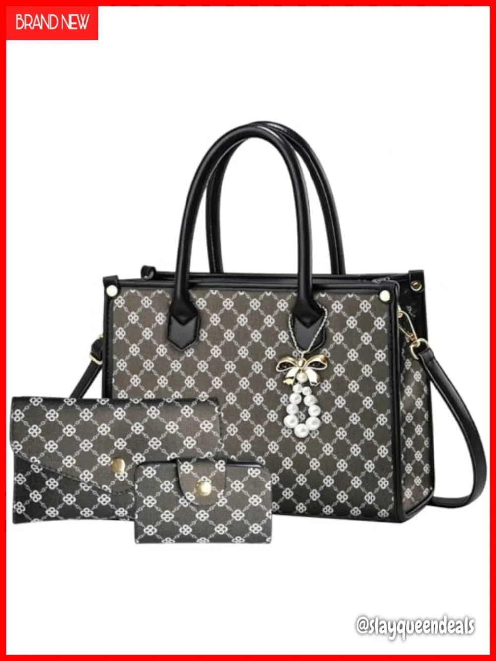 Women Satchel Handbag 3-Piece Set with Wallet, PU Leather, Checkered